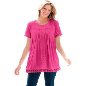 Woman Within Plus Size Lace-Trim Pintucked Tunic(Raspberry Sorbet)