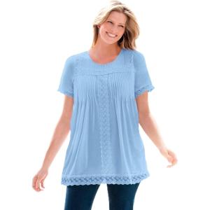 Woman Within Plus Size Lace-Trim Pintucked Tunic(Sky Blue)