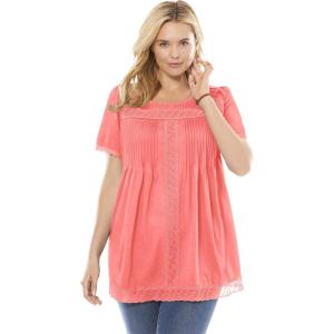 Woman Within Plus Size Lace-Trim Pintucked Tunic(Sweet Coral)