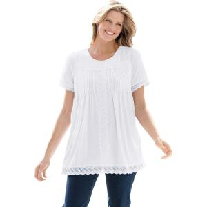 Woman Within Plus Size Lace-Trim Pintucked Tunic(White)