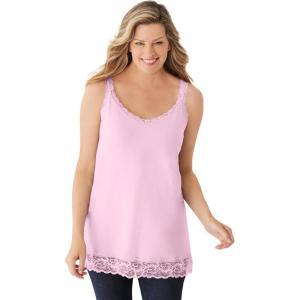 Woman Within Plus Size Lace-Trim V-Neck Tank(Pink)