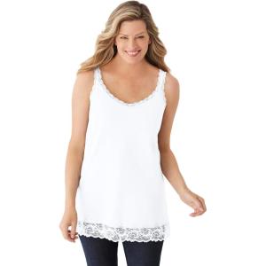 Woman Within Plus Size Lace-Trim V-Neck Tank(White)