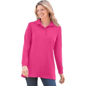 Woman Within Plus Size Long-Sleeve Polo Shirt(Raspberry Sorbet)