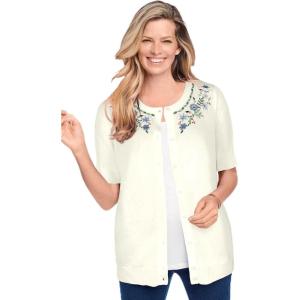 Woman Within Plus Size Perfect Elbow-Length Sleeve Cardigan(White Butterfly Garden)