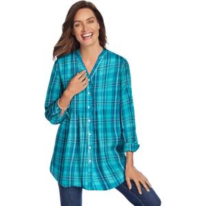 Woman Within Plus Size Perfect Pintuck Tunic(Aquamarine Plaid)