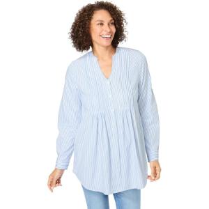 Woman Within Plus Size Perfect Pintuck Tunic(French Blue Stripe)