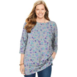 Woman Within Plus Size Perfect Printed Elbow-Sleeve Boatneck Tee(Heather Grey Pretty Floral)