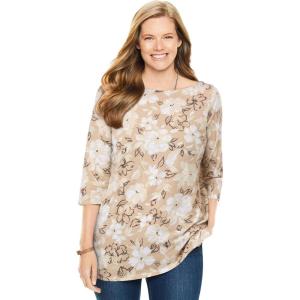Woman Within Plus Size Perfect Printed Elbow-Sleeve Boatneck Tee(New Khaki Bloom)