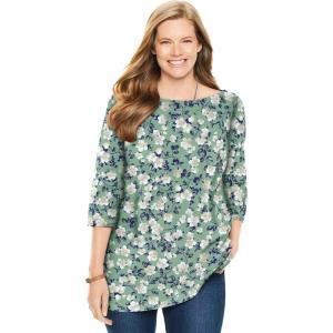 Woman Within Plus Size Perfect Printed Elbow-Sleeve Boatneck Tee(Sage Blossom Vine)