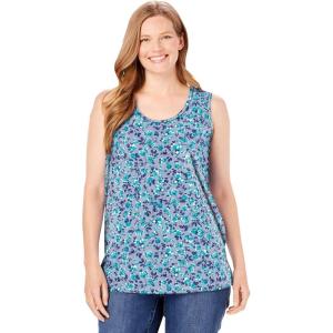 Woman Within Plus Size Perfect Printed Scoopneck Tank(Heather Grey Azure Blossom Vine)