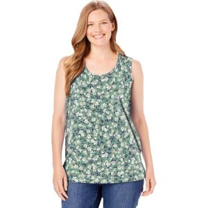 Woman Within Plus Size Perfect Printed Scoopneck Tank(Sage Blossom Vine)