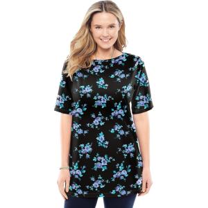 Woman Within Plus Size Perfect Printed Short-Sleeve Boatneck Tunic(Blue Rose Ditsy Bouquet)
