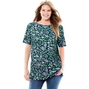Woman Within Plus Size Perfect Printed Short-Sleeve Boatneck Tunic(Emerald Green Field Floral)