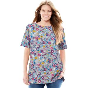 Woman Within Plus Size Perfect Printed Short-Sleeve Boatneck Tunic(Heather Grey Field Floral)