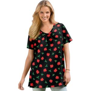Woman Within Plus Size Perfect Printed Short-Sleeve Shirred V-Neck Tunic(Black Poinsettia)