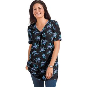 Woman Within Plus Size Perfect Printed Short-Sleeve Shirred V-Neck Tunic(Blue Rose Ditsy Bouquet)