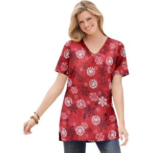 Woman Within Plus Size Perfect Printed Short-Sleeve Shirred V-Neck Tunic(Classic Red Textured Snowflake)