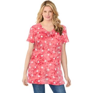 Woman Within Plus Size Perfect Printed Short-Sleeve Shirred V-Neck Tunic(Geranium Tie Dye Hearts)