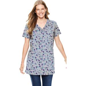 Woman Within Plus Size Perfect Printed Short-Sleeve Shirred V-Neck Tunic(Heather Grey Pretty Floral)