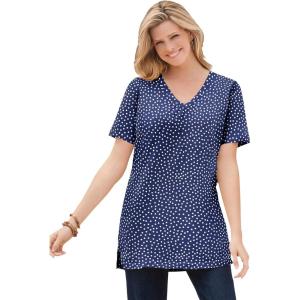 Woman Within Plus Size Perfect Printed Short-Sleeve Shirred V-Neck Tunic(Navy Offset Dot)