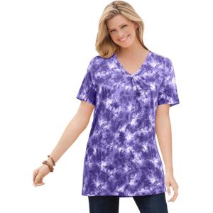 Woman Within Plus Size Perfect Printed Short-Sleeve Shirred V-Neck Tunic(Petal Purple Tie Dye)