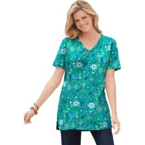 Woman Within Plus Size Perfect Printed Short-Sleeve Shirred V-Neck Tunic(Pretty Jade Jacquard Floral)