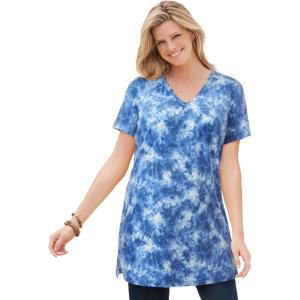 Woman Within Plus Size Perfect Printed Short-Sleeve Shirred V-Neck Tunic(Royal Navy Tie Dye)