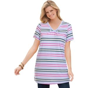 Woman Within Plus Size Perfect Printed Short-Sleeve Shirred V-Neck Tunic(Sky Blue Stripe)