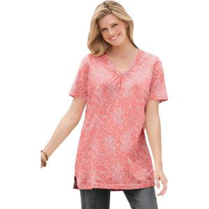 Woman Within Plus Size Perfect Printed Short-Sleeve Shirred V-Neck Tunic(Sweet Coral Palm)