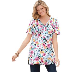 Woman Within Plus Size Perfect Printed Short-Sleeve Shirred V-Neck Tunic(White Painterly Bloom)