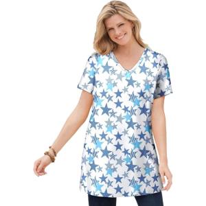 Woman Within Plus Size Perfect Printed Short-Sleeve Shirred V-Neck Tunic(White Striped Stars)