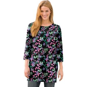 Woman Within Plus Size Perfect Printed Three-Quarter-Sleeve Scoopneck Tunic(Black Multi Floral)