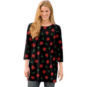 Woman Within Plus Size Perfect Printed Three-Quarter-Sleeve Scoopneck Tunic(Black Poinsettia)