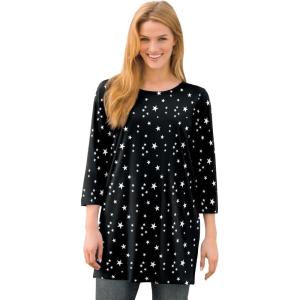 Woman Within Plus Size Perfect Printed Three-Quarter-Sleeve Scoopneck Tunic(Black White Stars)