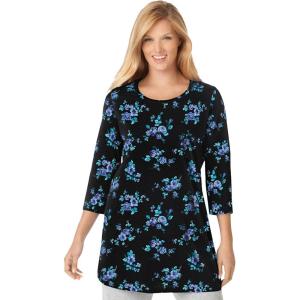 Woman Within Plus Size Perfect Printed Three-Quarter-Sleeve Scoopneck Tunic(Blue Rose Ditsy Bouquet)