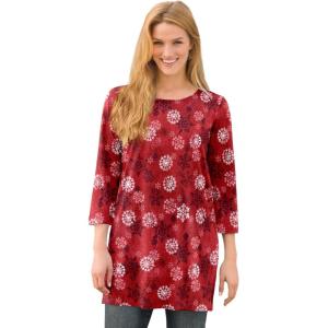 Woman Within Plus Size Perfect Printed Three-Quarter-Sleeve Scoopneck Tunic(Classic Red Textured Snowflake)