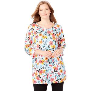 Woman Within Plus Size Perfect Printed Three-Quarter-Sleeve Scoopneck Tunic(White Painterly Bloom)