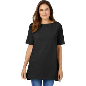 Woman Within Plus Size Perfect Short-Sleeve Boatneck Tunic(Black)