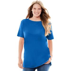 Woman Within Plus Size Perfect Short-Sleeve Boatneck Tunic(Bright Cobalt)