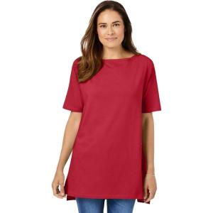 Woman Within Plus Size Perfect Short-Sleeve Boatneck Tunic(Classic Red)
