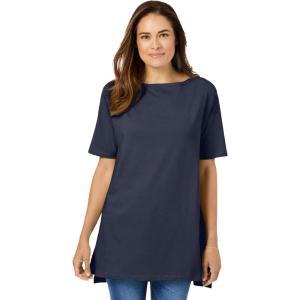Woman Within Plus Size Perfect Short-Sleeve Boatneck Tunic(Navy)