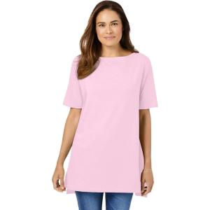 Woman Within Plus Size Perfect Short-Sleeve Boatneck Tunic(Pink)