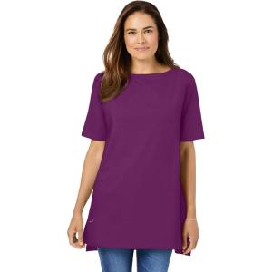 Woman Within Plus Size Perfect Short-Sleeve Boatneck Tunic(Plum Purple)