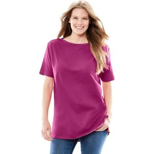 Woman Within Plus Size Perfect Short-Sleeve Boatneck Tunic(Raspberry)