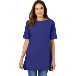 Woman Within Plus Size Perfect Short-Sleeve Boatneck Tunic(Ultra Blue)