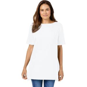 Woman Within Plus Size Perfect Short-Sleeve Boatneck Tunic(White)