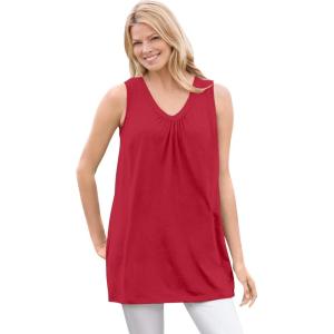 Woman Within Plus Size Perfect Sleeveless Shirred V-Neck Tunic(Classic Red)