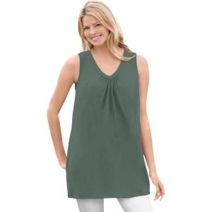 Woman Within Plus Size Perfect Sleeveless Shirred V-Neck Tunic(Pine)