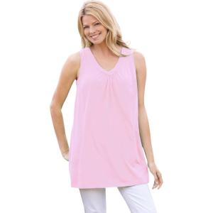Woman Within Plus Size Perfect Sleeveless Shirred V-Neck Tunic(Pink)