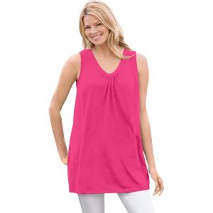 Woman Within Plus Size Perfect Sleeveless Shirred V-Neck Tunic(Raspberry Sorbet)